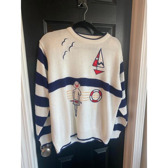 Vintage 80s Alfred Dunner Nautical Blue & White Striped Appliqué Sweater-Size L - Picture 2 of 8